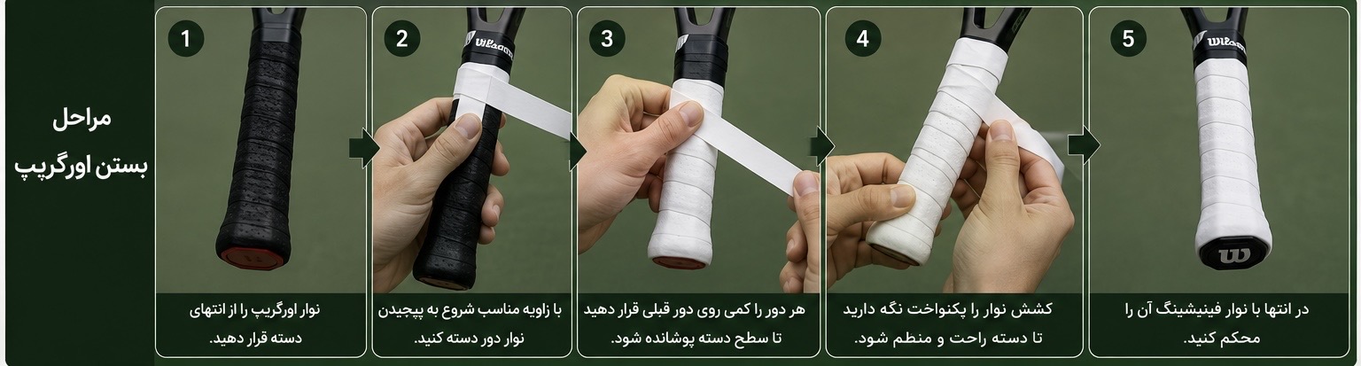 آموزش تصویری پنج مرحله بستن اورگریپ روی دسته راکت تنیس